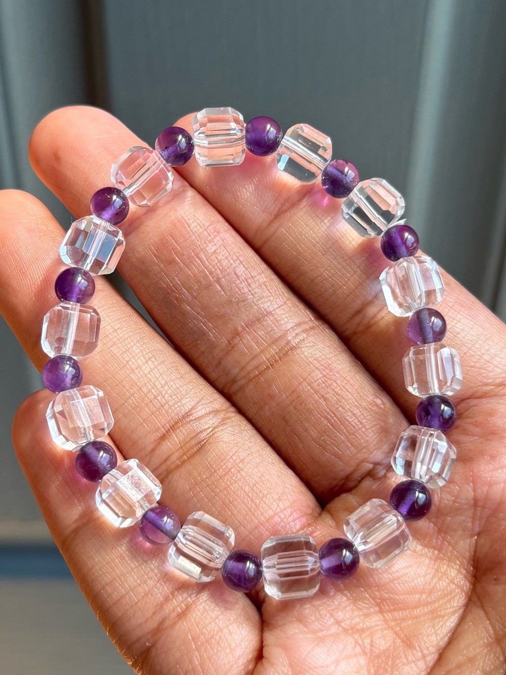 HQ Clear Quartz & Amethyst Cube Crystal Bracelet 8mm